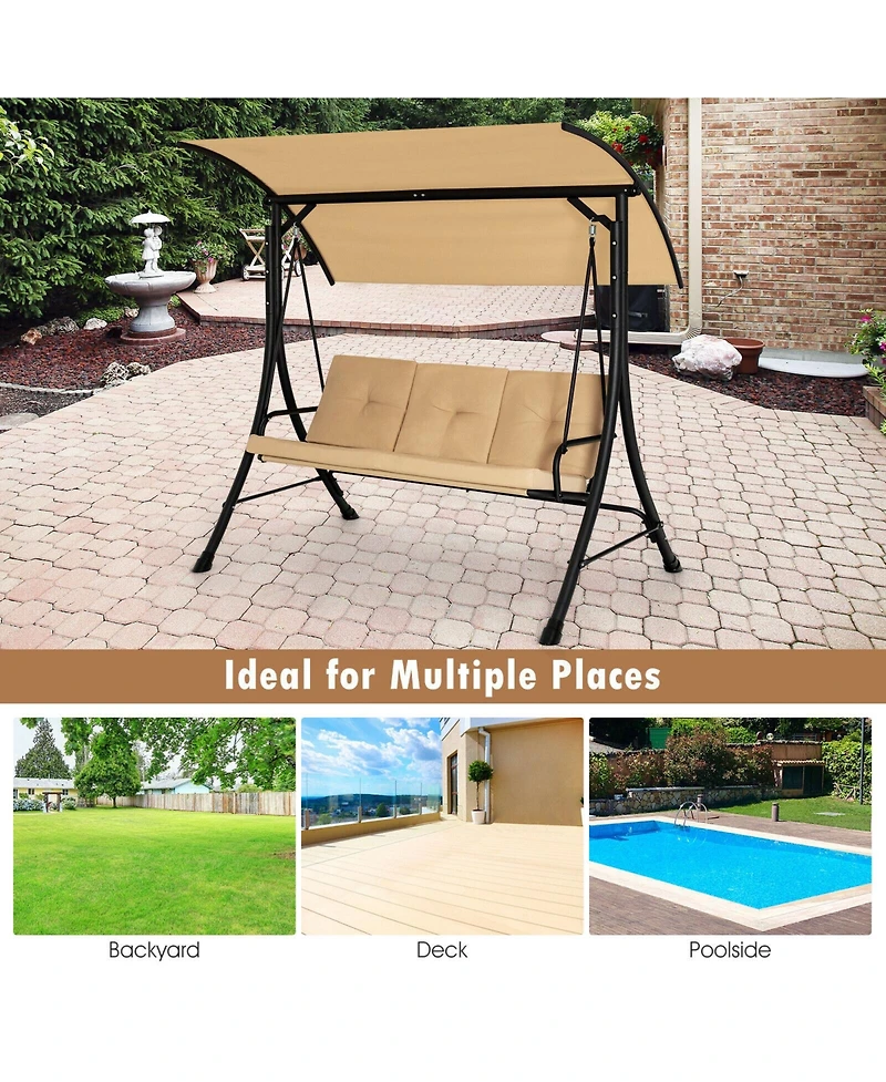 Slickblue 3-Seat Outdoor Porch Swing with Adjustable Canopy and Padded Cushions