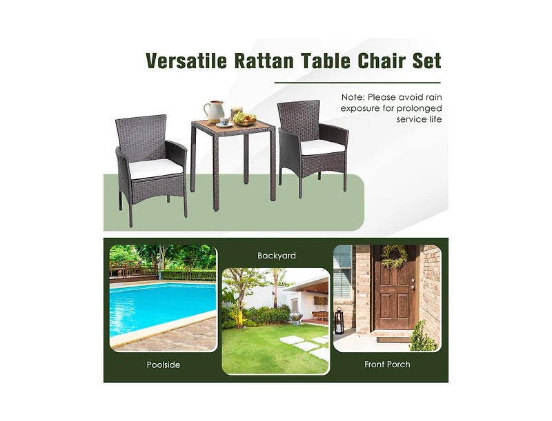 Slickblue 3 Pieces Patio Wicker Furniture Set wih Acacia Wood Table Top and Chair Cushiones