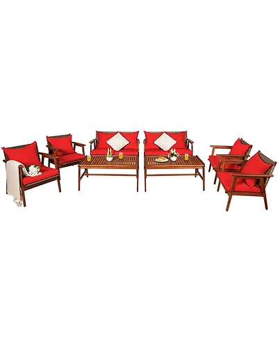 8PCS Patio Rattan Furniture Set Acacia Wood Frame Cushioned Sofa Chair Navy