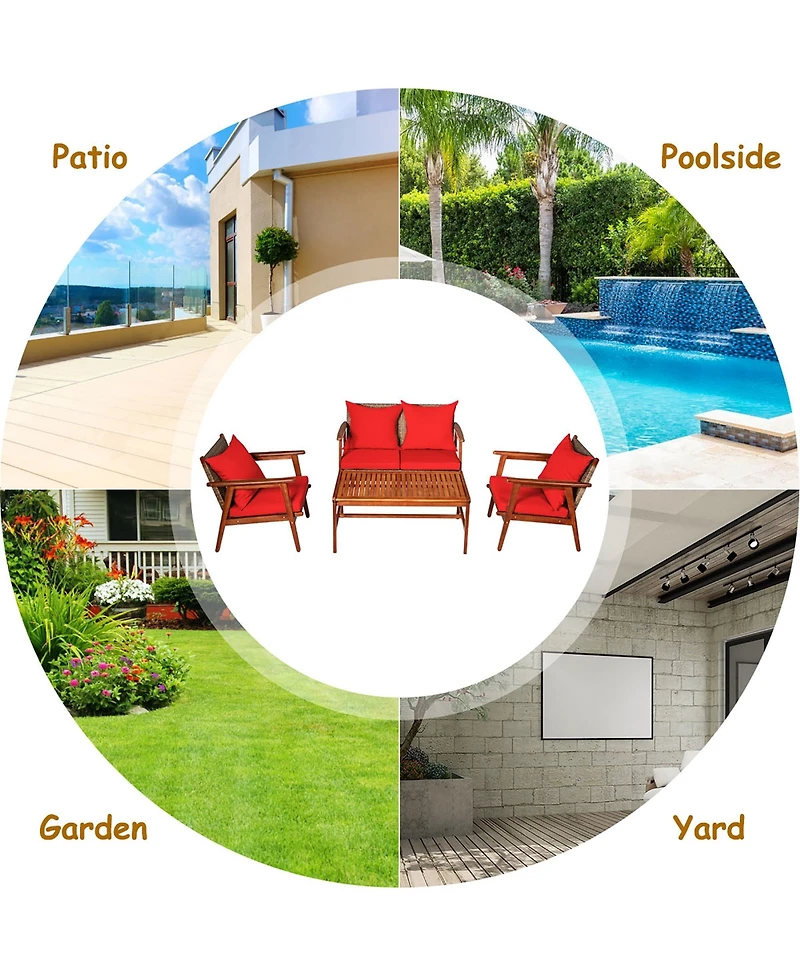 8PCS Patio Rattan Furniture Set Acacia Wood Frame Cushioned Sofa Chair Navy