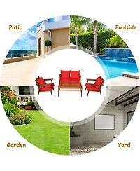 8PCS Patio Rattan Furniture Set Acacia Wood Frame Cushioned Sofa Chair Navy