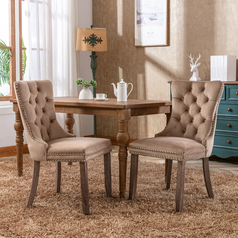 2 Pieces Set, Khaki Velvet Dining Chairs With Wood Legs