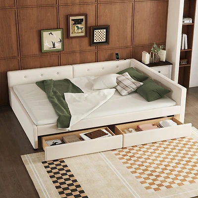 Streamdale Queen Size Upholstered Platform Bed with Usb and 2 Drawers, Beige