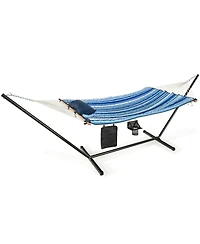 Slickblue Hammock Chair Stand Set Cotton Swing with Pillow Cup Holder Indoor Outdoor
