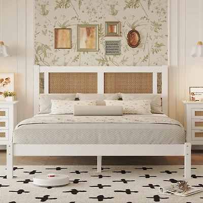 Streamdale Queen Rattan Platform Bed with White Frame
