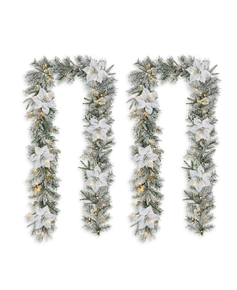 Glitzhome Set of 2 9ft Pre Lit Snow Flocked Greenery Pine Poinsettia Christmas Garland, with 50 Warm White Lights with Timer, Three Function