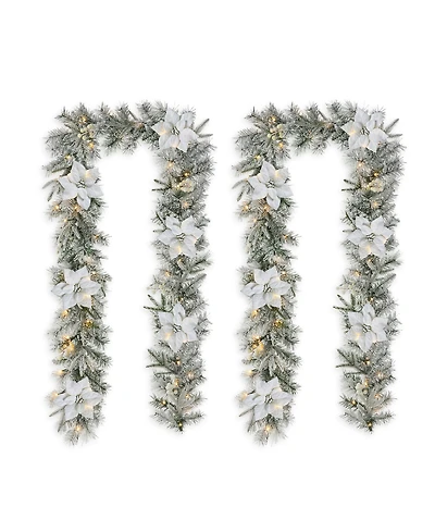 Glitzhome Set of 2 9ft Pre Lit Snow Flocked Greenery Pine Poinsettia Christmas Garland, with 50 Warm White Lights with Timer, Three Function