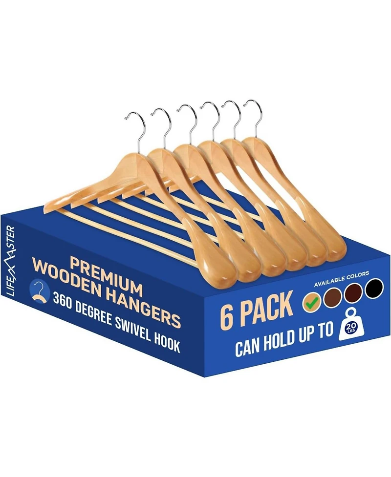 Lifemaster 8piece Wooden Hanger Set: Non-slip, space-saving hangers for suits, coats, jackets, pants and dresses with 360° swivel hooks.