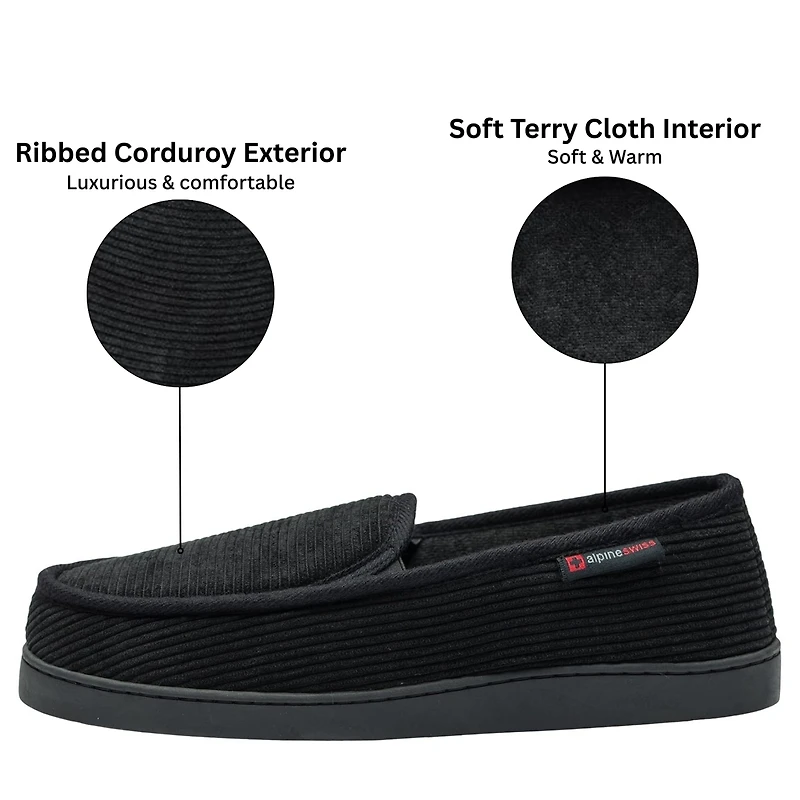 Alpine Swiss Men's Wide Slippers Steve Moccasin House Shoes Memory Foam Insole Corduroy Slip-On Terry Lining Indoor Outdoor Non-Slip Rubber Outsole