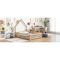 Simplie Fun Full House-Shaped Headboard Floor Bed With Fence, Natural