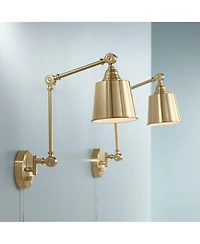 360 Lighting Mendes Modern Swing Arm Wall Lamps Set of 2 Brass Gold Plug-in Light Fixture Metal Shade for Bedroom Bedside Living Room Reading House