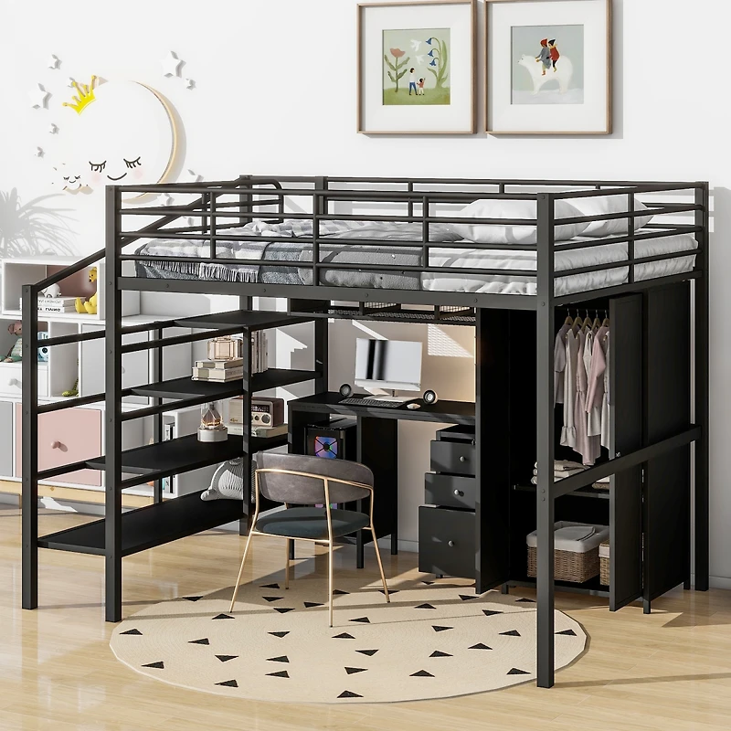 Simplie Fun Metal Loft Bed With Table Set And Wardrobe, Full
