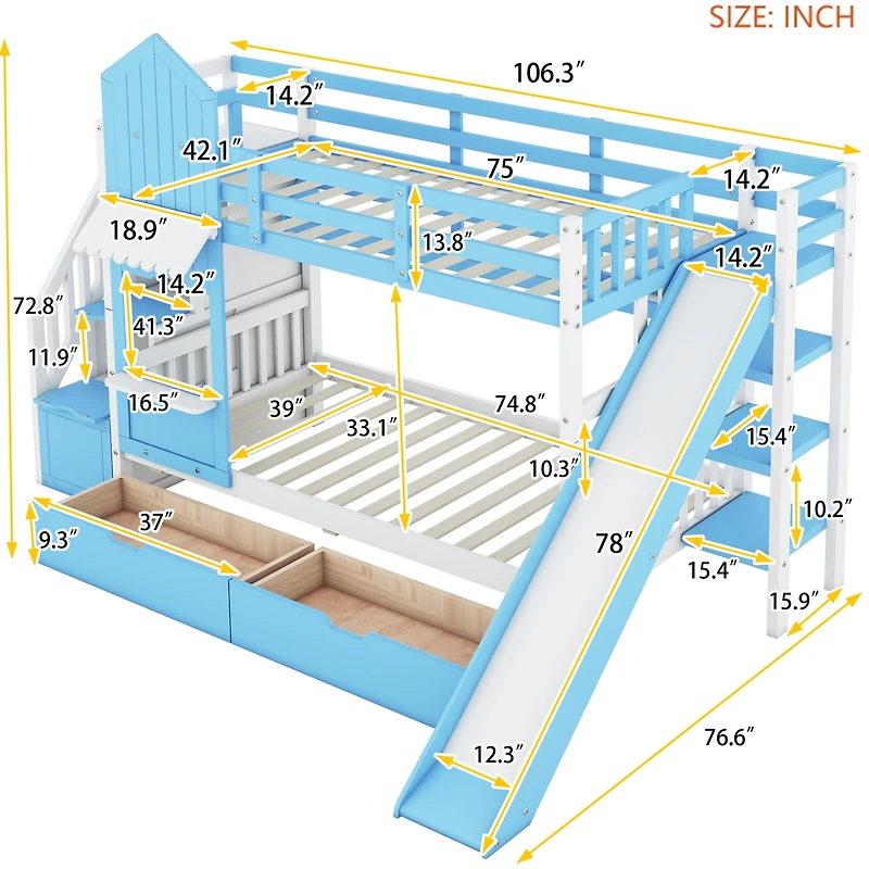 Streamdale Castle Bunk Bed w/ Drawers, Shelves, Slide (Pink)