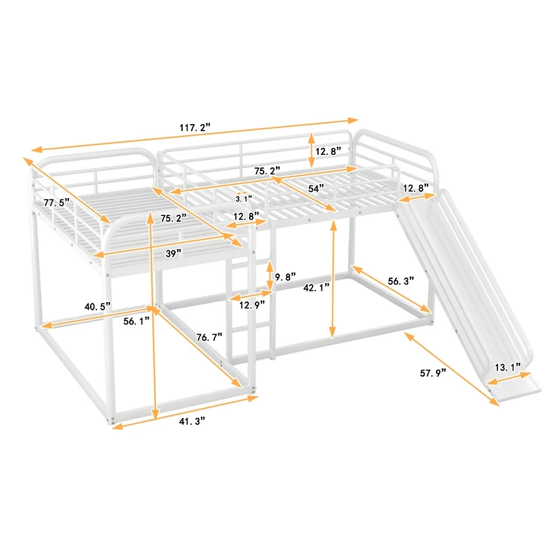 Streamdale Full And Twin L-Shaped Bunk Bed With Slide Short Ladder