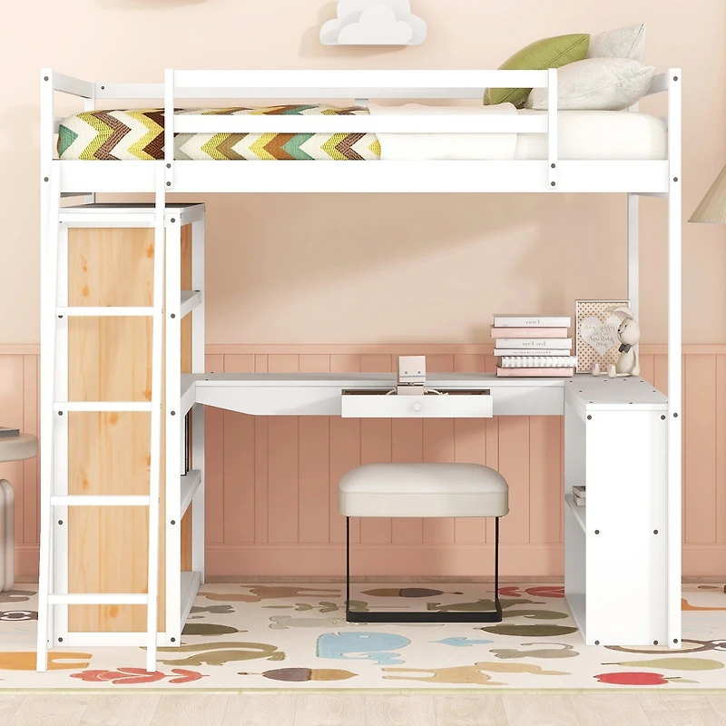 Streamdale Full Loft Bed With Ladder, Shelves, And Desk, White