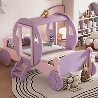 Simplie Fun Twin Size Princess Carriage Bed With Crown, Wood Platform Car Bed With Stair