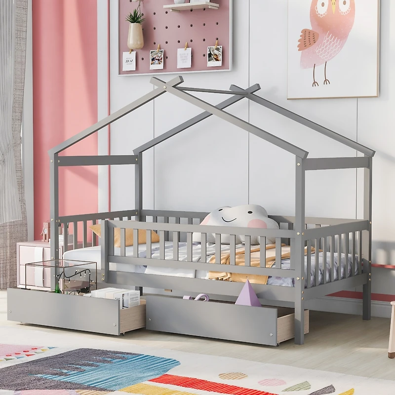 Streamdale Twin Wooden House Bed With Two Drawers
