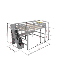 Full Size Loft Bed With Desk, Storage Shelves And Staircase, Grey