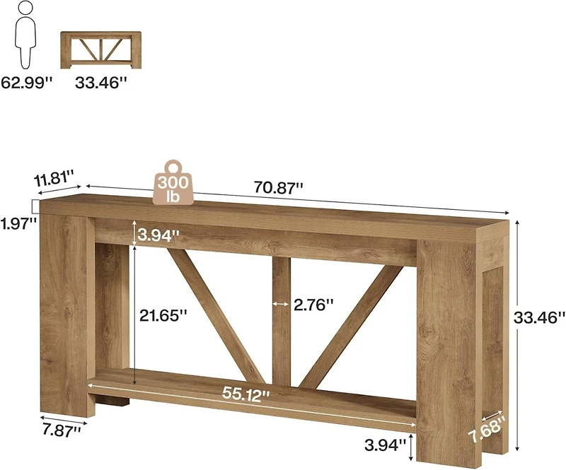 Tribesigns 70.9-Inch Extra Long Console Table, 2-Tier Farmhouse Sofa Table Behind Couch, Large Engineered Wood Entry Console, Brown