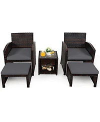 Gymax 5PCS Rattan Patio Furniture Set Chair & Ottoman Set w/ Grey Cushions