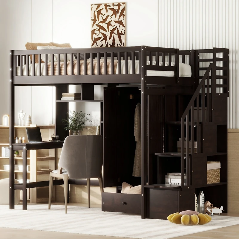 Streamdale Twin Loft Bed With Bookshelf, Drawers, Desk, And Wardrobe White