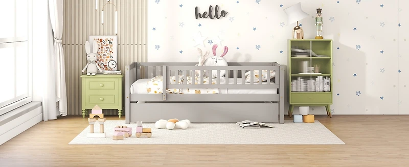 Streamdale Twin Size Wood Daybed With Trundle And Fence Guardrails