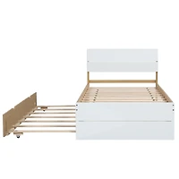 Simplie Fun Modern Twin Bed Frame With Trundle For White High Gloss Headboard And Footboard With Light Oak Color