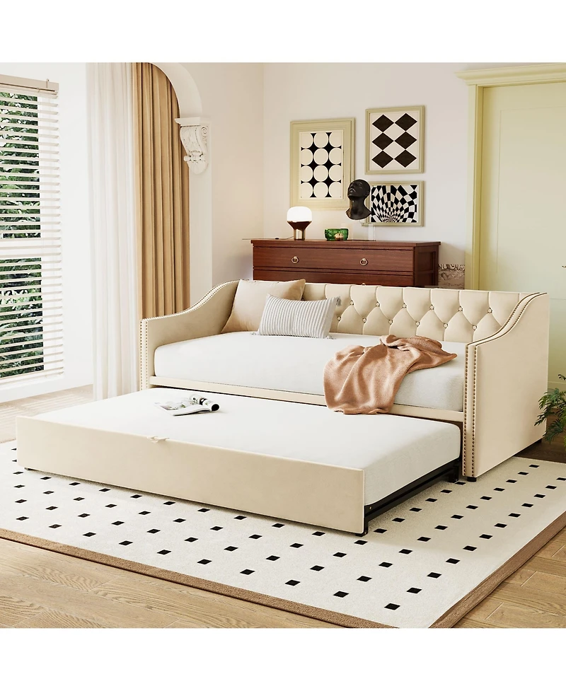 Streamdale Twin Upholstered daybed with Pop Up Trundle, Beige