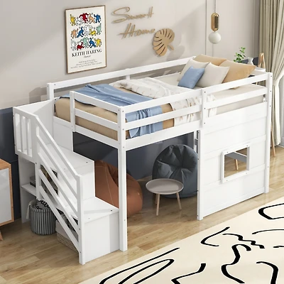 Simplie Fun Twin Size Loft Bed With Storage Staircase And Window, Gray