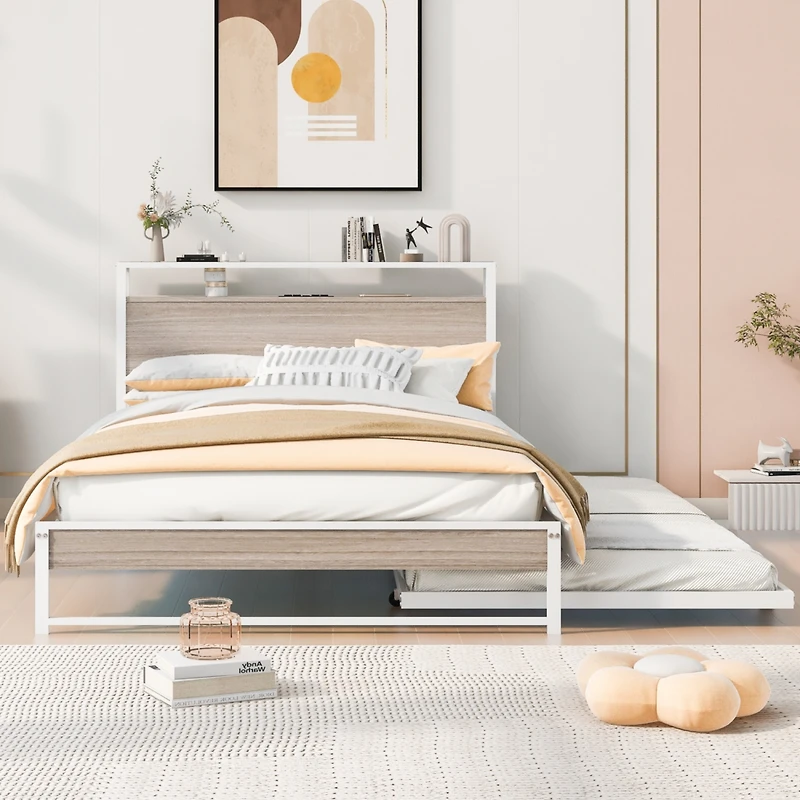 Streamdale Metal Platform Bed Frame w/ Trundle, Usb Ports