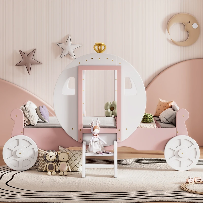 Simplie Fun Twin Size Princess Carriage Bed With Crown, Wood Platform Car Bed With Stair+Pink