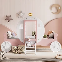 Simplie Fun Twin Size Princess Carriage Bed With Crown, Wood Platform Car Bed With Stair+Pink