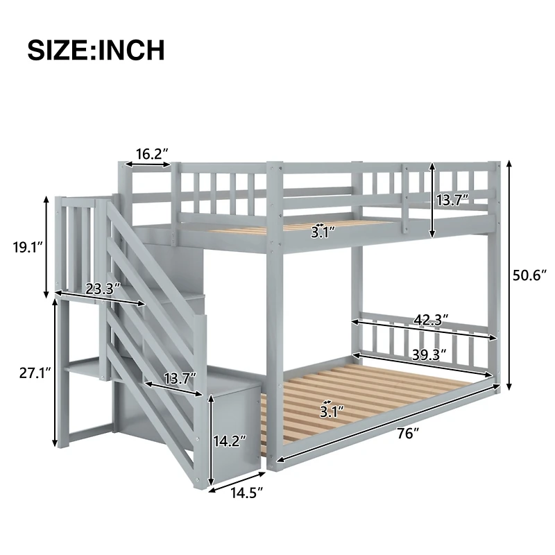 Streamdale Twin Over Twin Floor Bunk Bed, Ladder With Storage