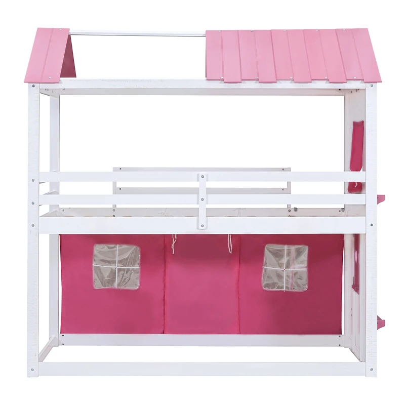 Streamdale Twin Bunk Wood House Bed With Elegant Windows, Sills And Tent