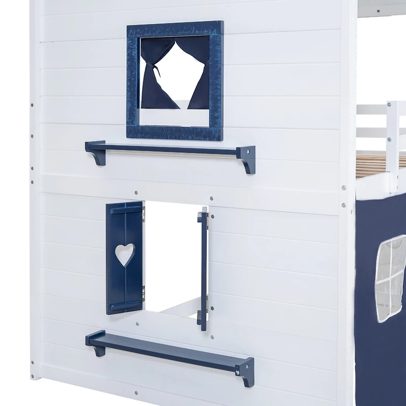Streamdale Full Bunk Wood House Bed With Elegant Windows, Sills And Tent