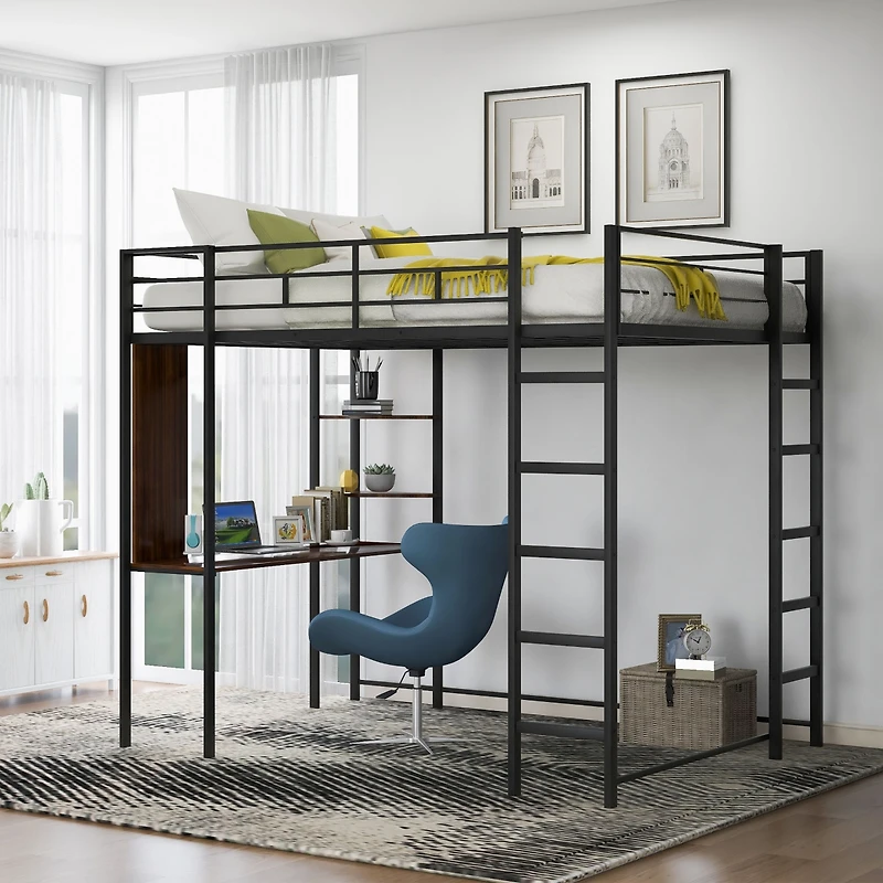 Streamdale Full Metal Loft Bed With 2 Shelves And One Desk