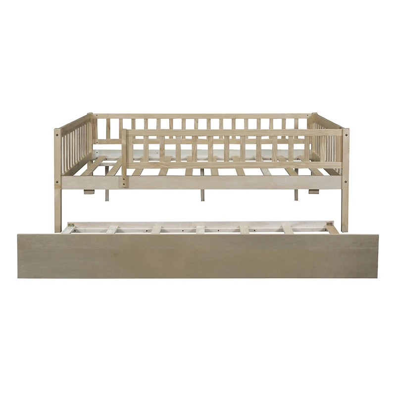 Simplie Fun Full Wood Daybed With Trundle And Fence Guardrails
