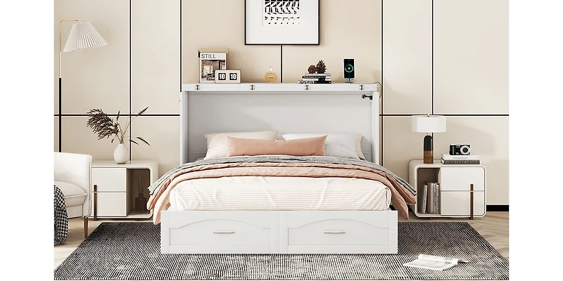 Streamdale Queen Size Wall Bed with Drawer and Charging Ports