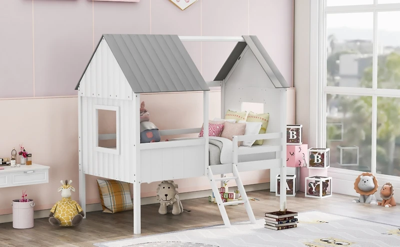 Streamdale Twin Size Low Loft Wood House Bed With Two Side Windows (White)