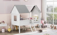 Streamdale Twin Size Low Loft Wood House Bed With Two Side Windows (White)