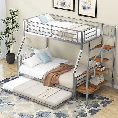 Streamdale Silver Metal Bunk Bed with Trundle and Storage