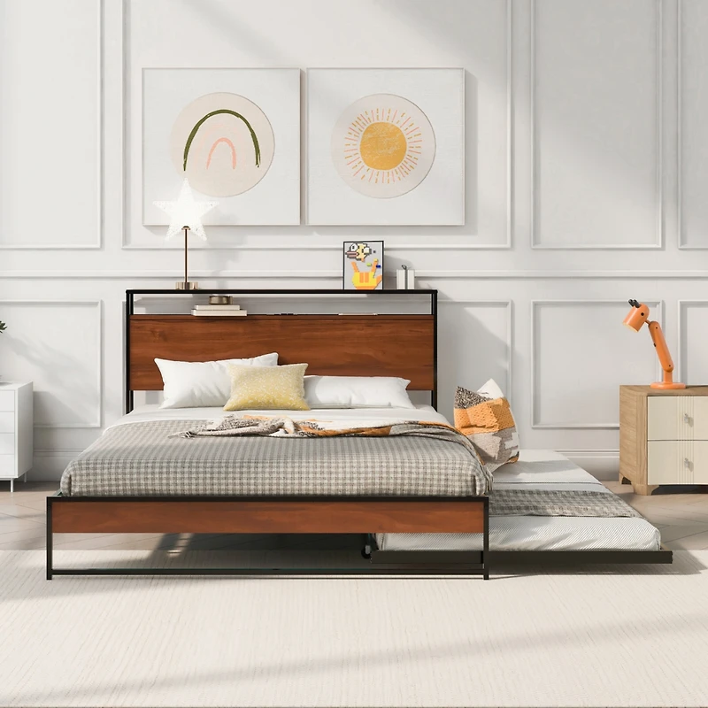 Streamdale Queen Metal Platform Bed w/ Trundle, USBs