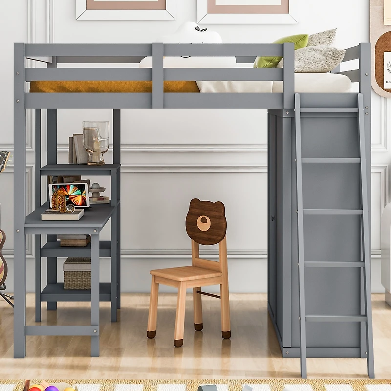 Streamdale Full Size Loft Bed With Wardrobe And Desk And Shelves, White