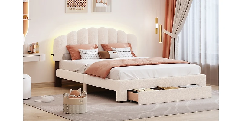 Streamdale Teddy Fleece Queen Upholstered Platform Bed With Drawer, White