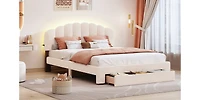 Streamdale Teddy Fleece Queen Upholstered Platform Bed With Drawer, White