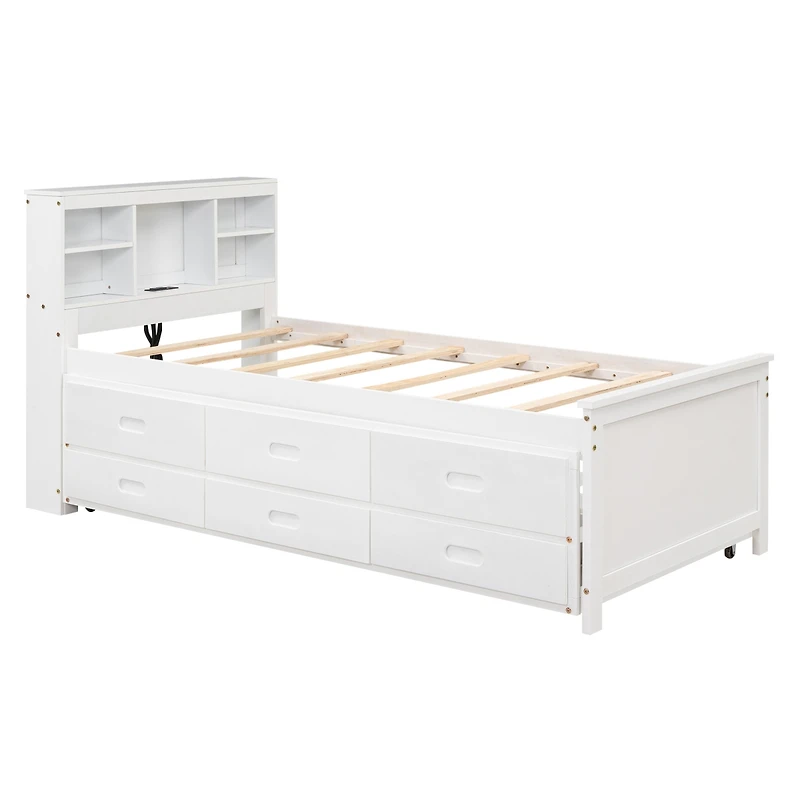 Streamdale Twin Bed with Storage Headboard, Trundle and Drawers