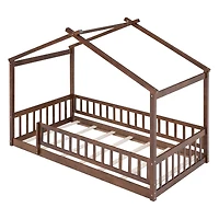 Streamdale Walnut Fence Bed House Frame for Kids and Teens