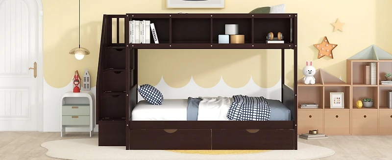 Streamdale Twin Over Full Bunk Bed With Shelfs, Storage Staircase And 2 Drawers