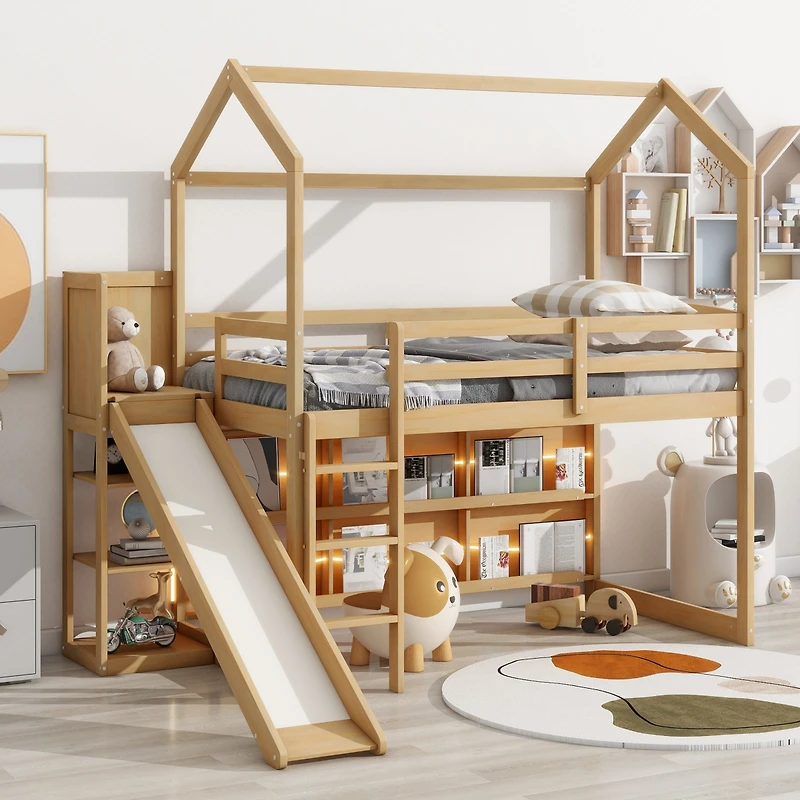 Streamdale Twin Loft Bed with Slide, Shelves, Light