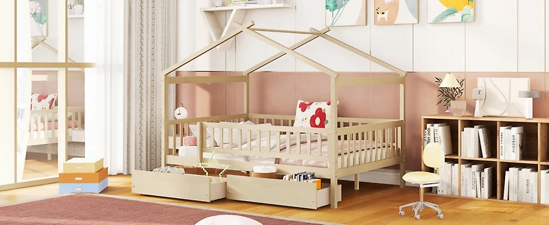 Streamdale Full Size Wooden House Bed With Two Drawers